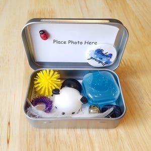 May include: A small, open metal tin filled with various items. Inside are a yellow spiky ball, a purple ring, a white snowman figure, a blue gel-like item, and other small objects. The lid has a ladybug and a sticker that says "Believe in yourself."