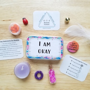 Mini Calm Down Kit for Teens, Coping Skills Box, Mindful Grounding Technique, Relaxing Gift, Self-Care Gift, I am Okay