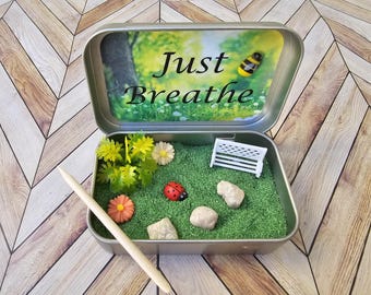 Nature Park Mini Zen Garden in a Tin | Just Breathe | Desk Fidget | Mindfulness Gift