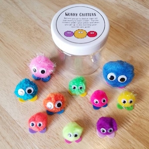 Pom Pom Critters, Worry Critters, Quiet Critters, Jar of Critters, Worry Dolls, Relaxing Gift for Kids, Pom Pom Creatures