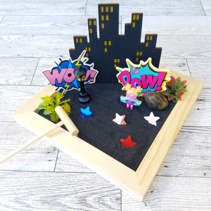 Superhero Zen Garden Kit, DIY Zen, Girl Superhero Zen Garden, Relaxing Gift, Mindfulness Gift, Desk Fidget,  Superhero Gift