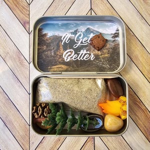 Pu&ograve; includere: Una scatola di metallo aperta con le parole "It Get Better" sul coperchio, che presenta una scena di montagna. All'interno della scatola ci sono vari oggetti, tra cui sabbia, pietre, una pigna e vegetazione artificiale. La scatola &egrave; su una superficie di legno.