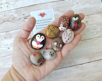 ペブルパルズ、ペイントされた動物の石、ポケットサイズの心配ペット、心配石、親切石、リラックス石、子供のための心を落ち着かせる石