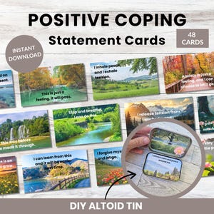 May include: A collection of 48 positive coping statement cards with scenic backgrounds and affirmations. The cards are displayed with a DIY Altoid tin, featuring the text "I attract calm and peace around me."