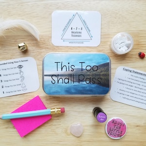 Mini Calm Down Kit, Coping Skills Toolbox, Mindful Grounding Technique, Relaxing Gift, Self-Care Gift, This Shall Pass