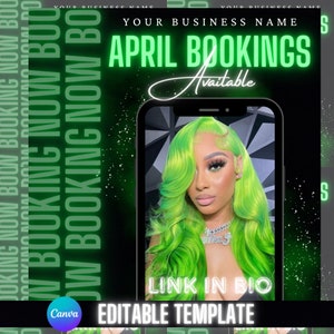 April Bookings Now Available Flyer, DIY Spring Book Now Appointments Beauty Hair Lashes Wigs Make Up Nails Social Media Canva Flyer Template