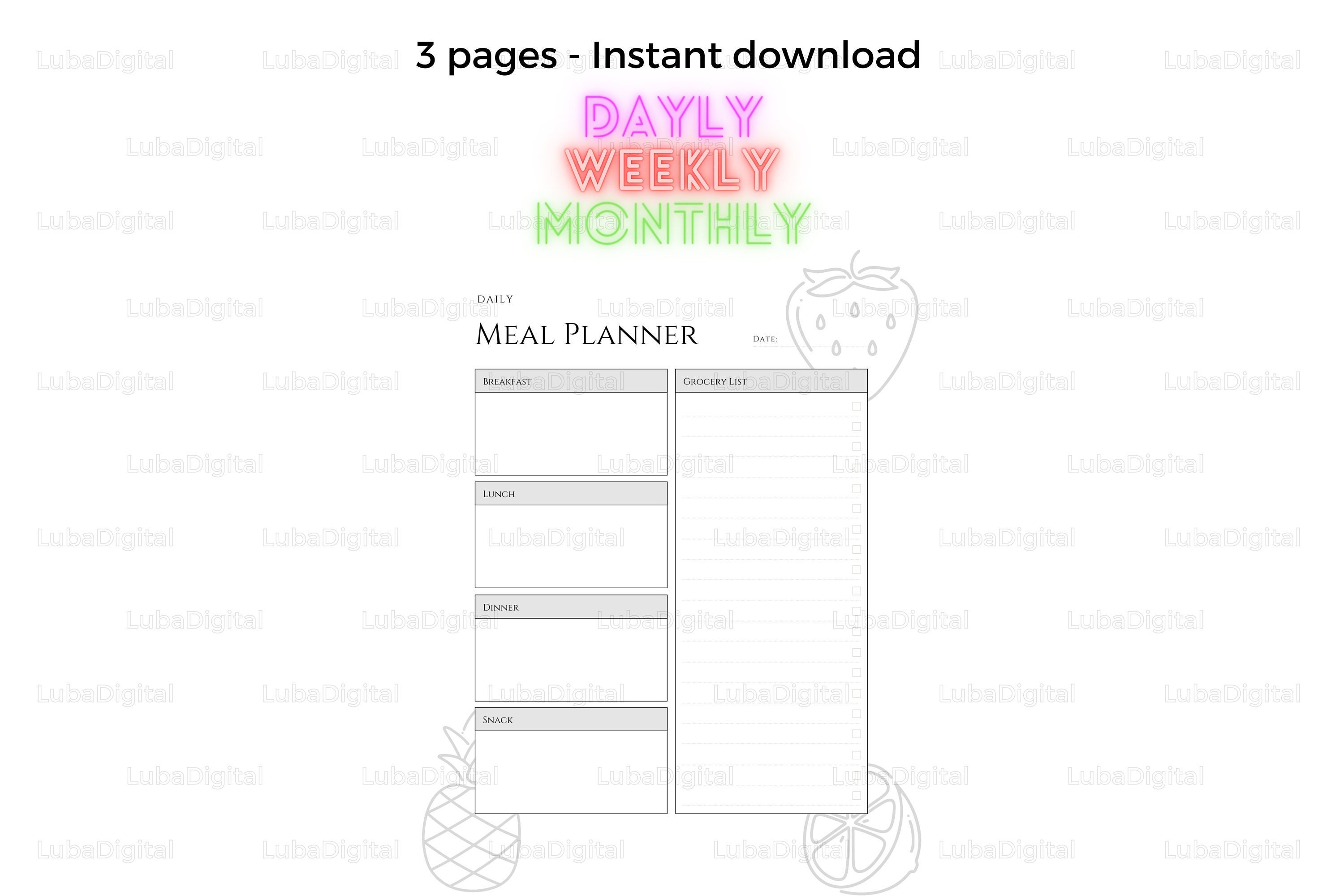 Printable Meal Planner With Grocery List, Monthly, Weekly, Daily Single ...