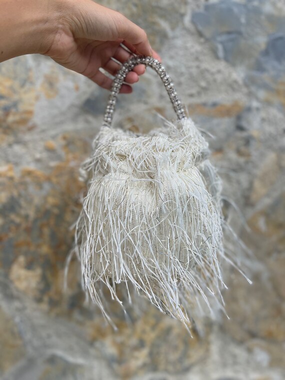 Braut Clutch Silberner Clutch Gefiederte Tasche, Weiße Geldbörse