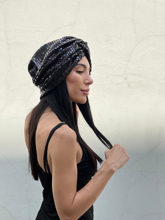 Sequin Fashion Turban, Vintage Turban, Stripped Turban Hat, Beaded