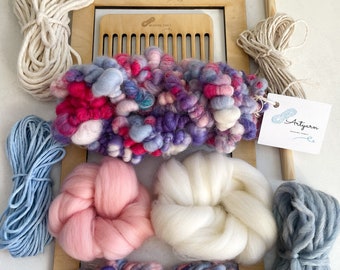 Fancy weaving fiber pack | handspun art yarn | Weaving tapestry starter pack with loom | Beginners weaving kit | Starter Kit