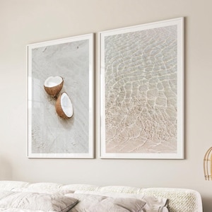 Juego de 3 impresiones de arte de pared costero con estampado de playa de isla tropical, póster del océano, chica de coco, decoración de pared con flores estéticas, casa de playa bohemia, estilo costero chic