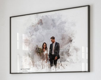 Foto de boda personalizada, regalo de primer aniversario para esposa, póster de retrato de compromiso personalizado, pintura de acuarela personalizada de la foto