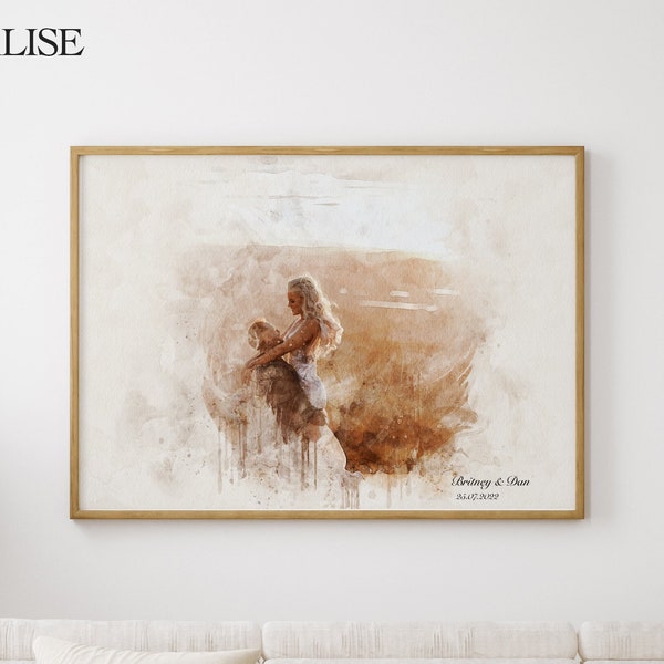 Peinture à l'aquarelle à partir d'une photo, affiche de mariage personnalisée, cadeau de premier anniversaire pour femme, fiançailles personnalisées, portrait de couple personnalisé