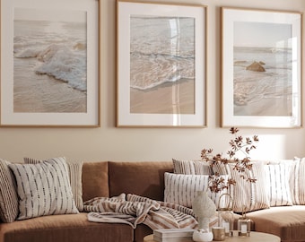 Coastal Wall Art Set of 3 Beachy Prints for Living Room Beach Prints for Coastal Homes Neutral Ocean Poster Boho Beach House Print For Cafe