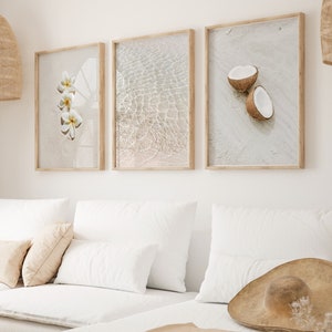 Tropisk ö, strand, kustnära väggkonst, set med 3, havsaffisch, kokosflicka, estetisk blomma, väggdekor, bohemisk strandhus, kustnära chic