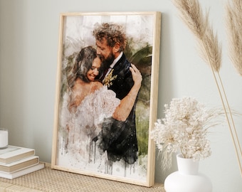 Retrato de acuarela personalizado de la foto Regalo del primer aniversario para la esposa Cartel de compromiso personalizado Idea de pintura de boda personalizada