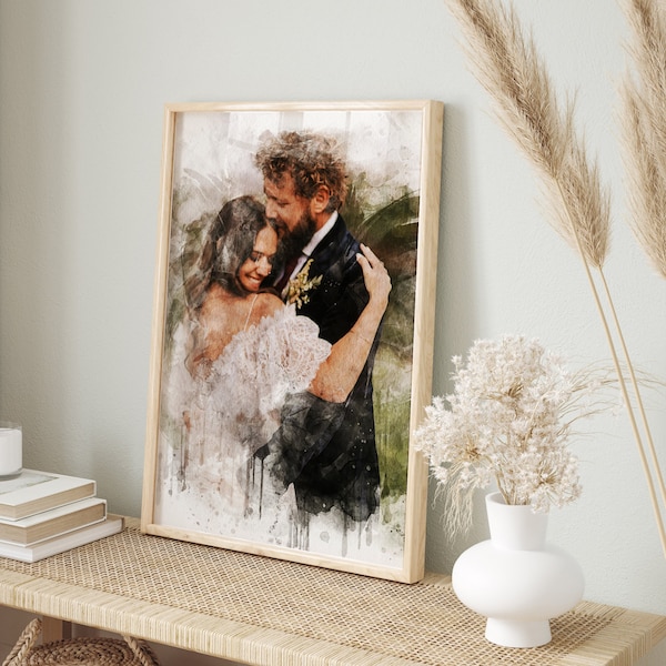 Retrato de acuarela personalizado de la foto Regalo del primer aniversario para la esposa Cartel de compromiso personalizado Idea de pintura de boda personalizada