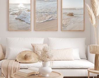 Coastal Wall Art Set of 3 Coastal Prints for Living Room Beach Prints for Coastal Homes Neutral Wall Art Boho Beach House Print Ocean Poster