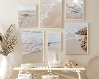 Coastal Wall Art Set of 6 Beach Prints Boho Beach House Poster Digital Prints Coastal Beige Wall Decor For Living Room