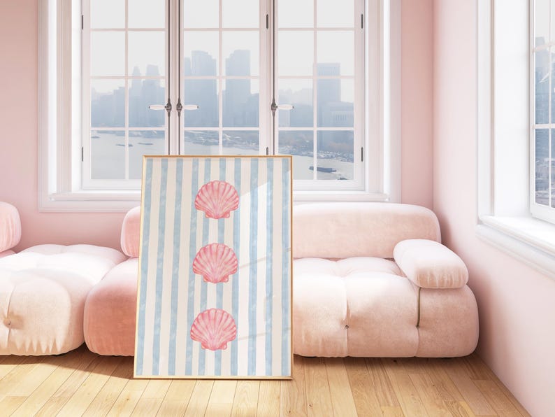 Pink Seashell Wall Art Printable: Pastel Blue Striped Beach Print ...