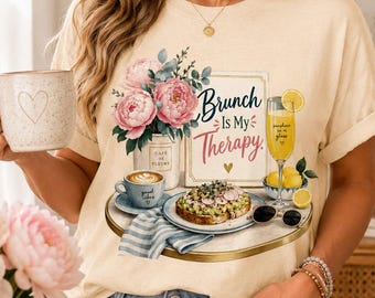 Brunch Is My Therapy T-Shirt, Foodie Mimosa Lover Tee, Good Vibes Coffee & Avocado Toast Women's Graphic Shirt, Relaxed Brunchcore Gift