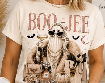 Boujee Halloween Ghost T-Shirt, Glam Spooky Season Tee, Luxury Fashion Pearl Ghost, Glitter Boo-Jee Halloween Party Shirt