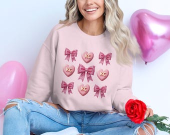 Kansas City Valentine Sweatshirt, Cozy KC Love Crewneck, Comfy Glitter Pink Bow & KC Candy Heart Design Trendy Galentine Gift for Her