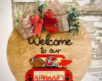 Kansas City Chiefs Football Door Hanger | Red Kingdom Truck Sports Wreath | KC Hanging Front Door Sign | Round Porch Sign