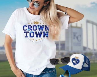 Crown Town T-Shirt, Royal Blue Sequin Glitter Crown Shirt, Majestic Golden Stars Apparel, Unique Statement Tee, Personalized Kingdom