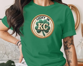 Lucky in KC Shirt | Kansas City St Patrick’s Day Tee | Faux Patch Shamrock Graphic | Green March 17 Parade Outfit for Game Day