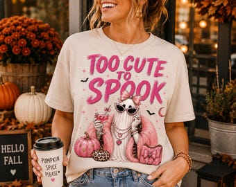 Too Cute To Spook T-Shirt, Girly Ghost Halloween Shirt, Spooky Season Tee, Pink Leopard Print Fall Fashion Top for Her, Cute Costume Party
