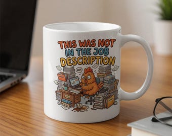 Grappige werkmok, dit stond niet in de functieomschrijving, stressvolle kip kantoorkoffiekop, cadeau collega, cadeau kantoorgag, idee baas humor