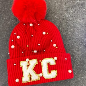 KC Gameday Beanie | Chiefs Football Women’s Hat | Kansas City Winter Pom Hat | Red Knitted Chunky Beanie | Cable Knit Cuffed Pom Beanie Red Beaded