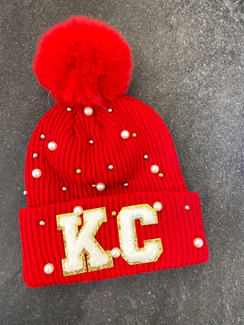 KC Gameday Beanie | Chiefs Football Women’s Hat | Kansas City Winter Pom Hat | Red Knitted Chunky Beanie | Cable Knit Cuffed Pom Beanie Red Beaded