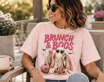 Brunch & Boos T-Shirt | Spooky Season Funny Ghost Shirt for Halloween Fall Parties, Trendy Goth Girl Gift Idea