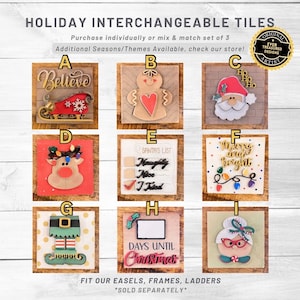 May include: Nine wooden holiday tiles with various Christmas themes. The tiles feature a gingerbread man, Santa Claus, a reindeer, a Christmas tree, an elf, a countdown to Christmas, and a snowman. The tiles are interchangeable and can be used to decorate a home for the holidays.