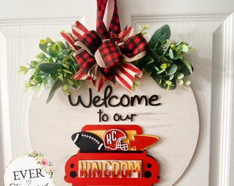 Kansas City Chiefs Football Door Hanger | Kingdom Truck | Sports Wreath | Hanging Front Door Sign | Round Porch Sign