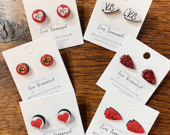 Heart KC Chiefs Arrowhead Stud Earrings | Kansas City Football Fan Gameday Jewelry | Red Kingdom Gift for Her Party Outfit Accessory