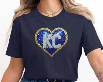Kansas City Royal Heart TShirt, Kansas City Baseball Faux Sequin Sparkle Game Day Outfit Fan Favorite Apparel Cute Sports Shirt Women