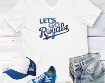 KC Baseball Fan V-Neck Shirt, Royal Blue Game Day Tee, Kansas City Sports Team Apparel, Faux Sequin Stadium Shirt