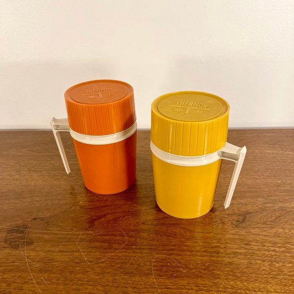 Vintage Thermos Soup Mug Set of 2, 1970s Retro 10-Ounce Canisters in Orange and Gold