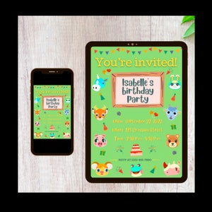 DIGITALER Anpassbarer ACNH Animal Crossing Videospiel Inspiriertes Thema Geburtstagsparty Personalisierte Einladungskarte Antwortkarte Virtueller Download