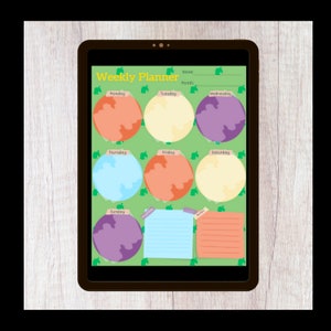 May include: A digital weekly planner on a tablet screen with a green background and a repeating pattern of green leaves. The planner has sections for each day of the week, with a circle for each day. The circles are filled with different colors, and each day has a label. There are two lined note sections at the bottom of the screen.