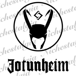 Op de afbeelding: Zwart-witte illustratie van een gehelmde helm met een symbool in een cirkel. De tekst "Jotunheim" staat onder de cirkel.