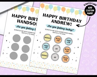 May include: A printable scratch-off card with a happy birthday message and the name Andrew. The card has a colorful confetti design and a scratch-off area with options like "massage", "blow job", and "hand job".