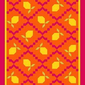 May include: A repeating pattern of yellow lemons with green leaves on an orange background with pink criss-cross lines.