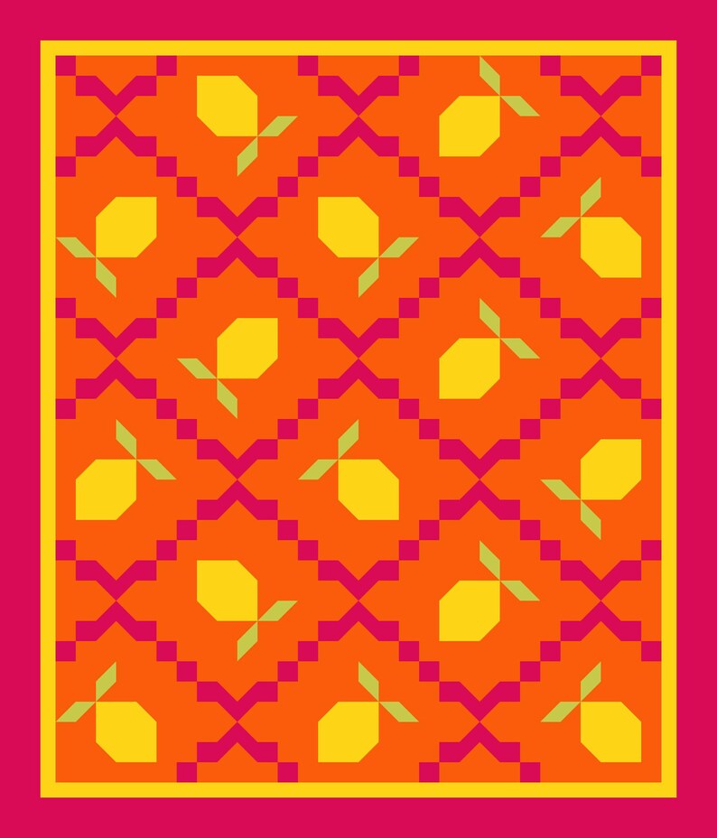 May include: A repeating pattern of yellow lemons with green leaves on an orange background with pink criss-cross lines.