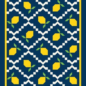 May include: A blue and white geometric pattern with yellow lemons and green leaves. The pattern is repeated throughout the image.