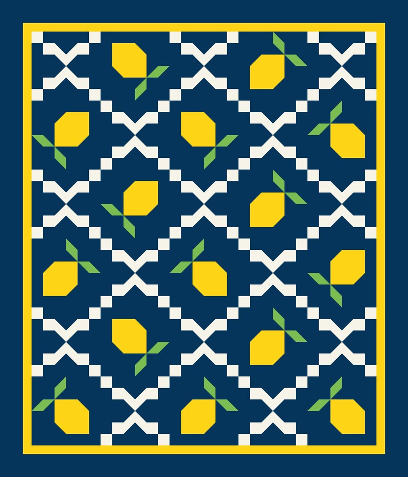 May include: A blue and white geometric pattern with yellow lemons and green leaves. The pattern is repeated throughout the image.