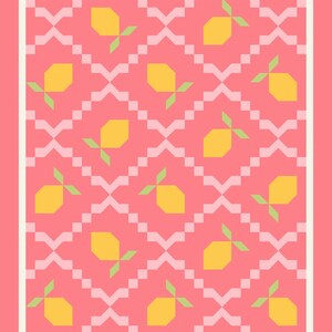 May include: A pink and white geometric pattern with yellow lemons and green leaves. The lemons are arranged in a repeating pattern.